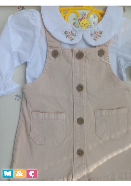 Kalın Kot Şık Salopet Elbise ve Çiçekli Nakışlı Gömlek Kız Bebek 2li Takım Baby Girl Dress modelleri