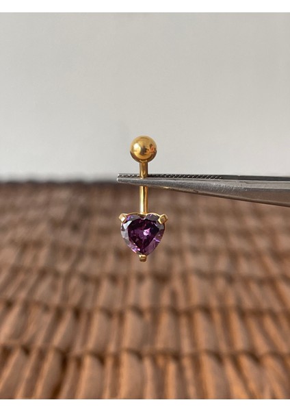 316 L Cerrahi Çelik Parlak Zirkon Taşlı Kalp Modeli Göbek Piercingi