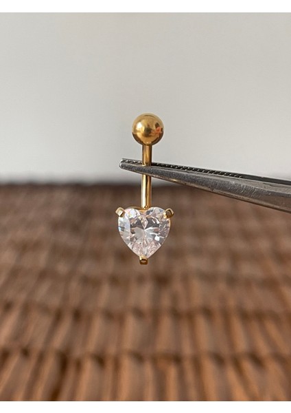 316 L Cerrahi Çelik Parlak Zirkon Taşlı Kalp Modeli Göbek Piercingi