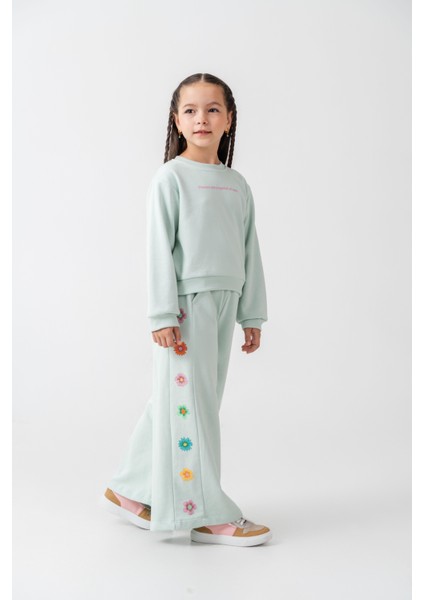Kız Çocuk Pamuklu Mint Yeşil Çiçek Nakışlı Sweatshirt ve Eşofman Takım fiyatları