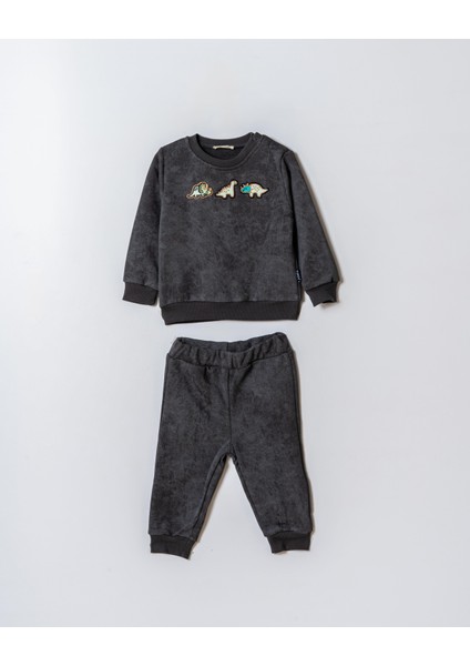 Erkek Çocuk Pamuklu Antrasit Dinozor Nakışlı Sweatshirt ve Eşofman Takım