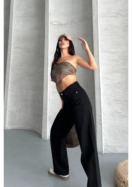 Palazzo Straight Enzim Süper Taş Yıkama Jeans Pantolon Siyah D2008 modelleri