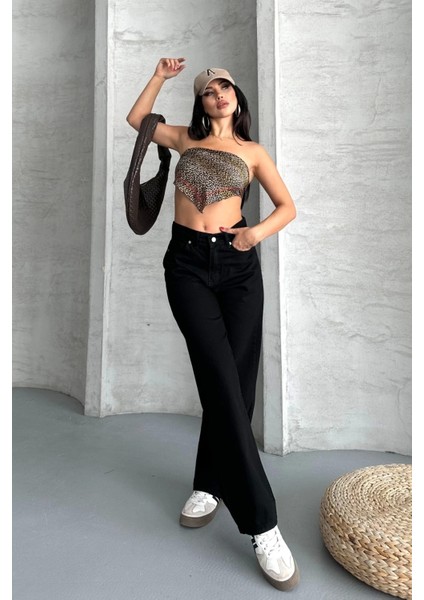 Palazzo Straight Enzim Süper Taş Yıkama Jeans Pantolon Siyah D2008 indirimleri