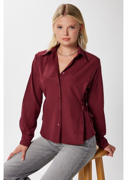 Kadın Adrian Yan Bağlama Detaylı Bordo Gömlek