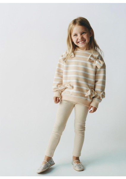 Kız Çocuk Pamuklu Sarı Çizgili Fiyonk Detaylı Sweatshirt ve Ribana Tayt Takım