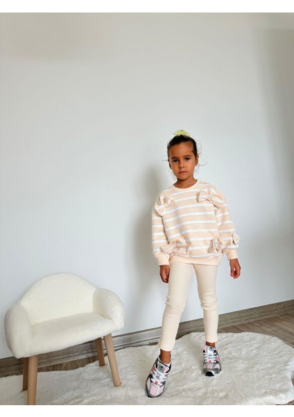 Kız Çocuk Pamuklu Sarı Çizgili Fiyonk Detaylı Sweatshirt ve Ribana Tayt Takım modelleri