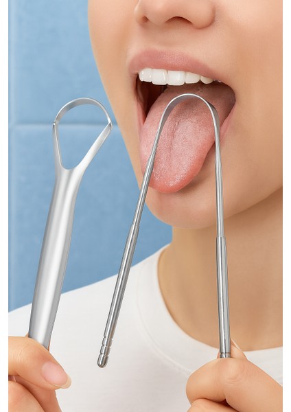 Paslanmaz Çelik Ikili Dil Temizleme Seti, Kötü Koku Önleyici-Ağız Hijyeni Dil Bakım Seti