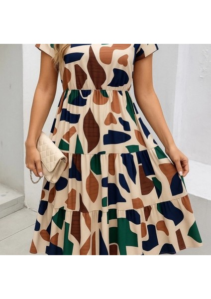 Mdb Kadın Kısa Kollu Bisiklet Yaka Desenli Fırfırlı Süprem Elbise