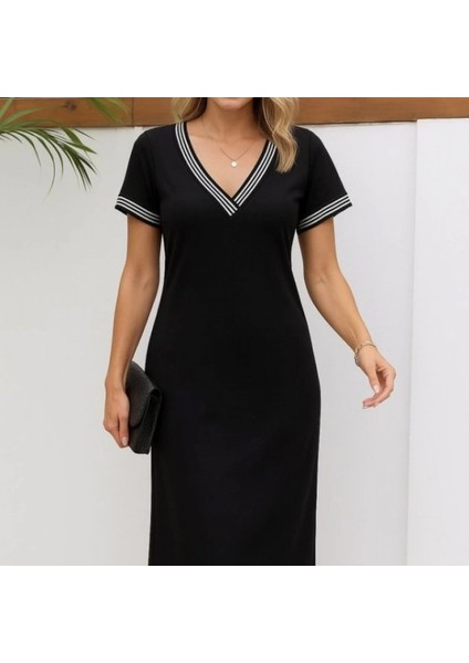 Mdb Kadın Kısa Kollu V Yakalı Yanlardan Yırtmaç ve Düğmeli Viskon Iki Iplik Elbise