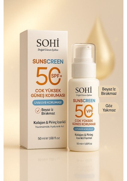 SPF 50+ Yüz ve Vücut Güneş Kremi | Pirinç Özü, Kolajen & Niacinamide & Hyaluronik Asit