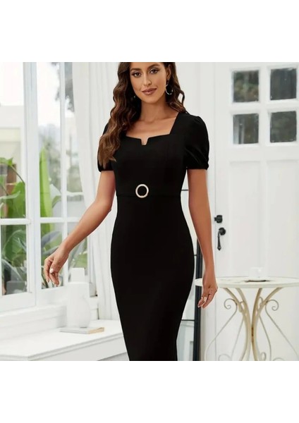 Mdb Kadın Kısa Kollu Yakası Açık Önden Halka Detaylı Ithal Krep Elbise
