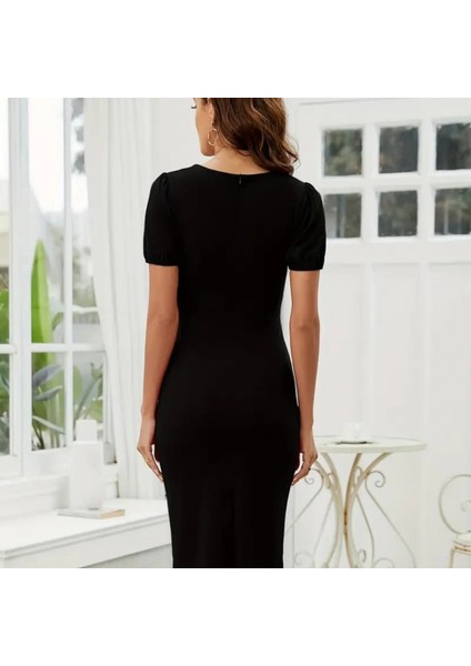 Mdb Kadın Kısa Kollu Yakası Açık Önden Halka Detaylı Ithal Krep Elbise fiyatları