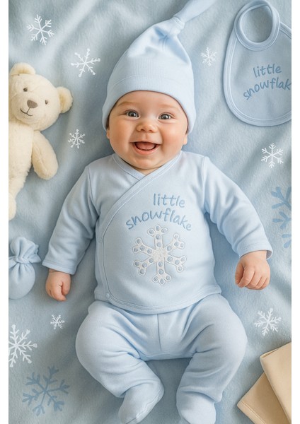 Erkek Bebek Yeni doğan 0-3 Ay Kar tanesi Temalı Kadife (Kışlık)7li Hastane Çıkışı Zıbın Seti(Kutulu Ürün)