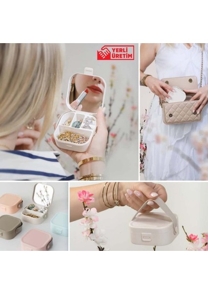 Kapaklı, Taşıma Kulplu, Aynalı, 4 Bölmeli Küçük Düzenleyici Makyaj Takı Organizeri Küçük Taşınabilir Organizer (Ayna Yakından Gösterim Sağlar!) modelleri