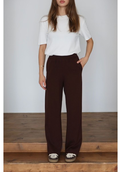 Kadın Dabıl Kumaş Beli Lastikli Yüksek Bel Geniş Kesim Çift Cepli Pantolon