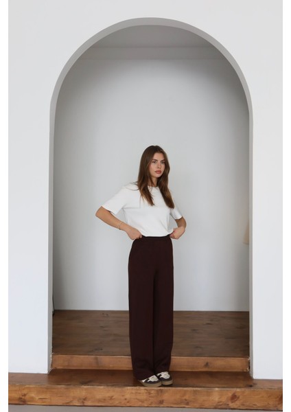 Kadın Dabıl Kumaş Beli Lastikli Yüksek Bel Geniş Kesim Çift Cepli Pantolon fiyatları