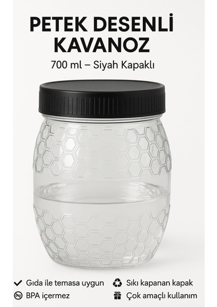 Petek Desenli Kavanoz 700 ml – Siyah Kapaklı Bal, Reçel ve Baharat Saklama Kabı Plastik 1 Adet
