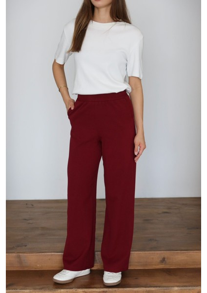 Kadın Dabıl Kumaş Beli Lastikli Yüksek Bel Geniş Kesim Çift Cepli Pantolon