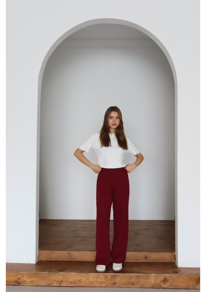 Kadın Dabıl Kumaş Beli Lastikli Yüksek Bel Geniş Kesim Çift Cepli Pantolon modelleri