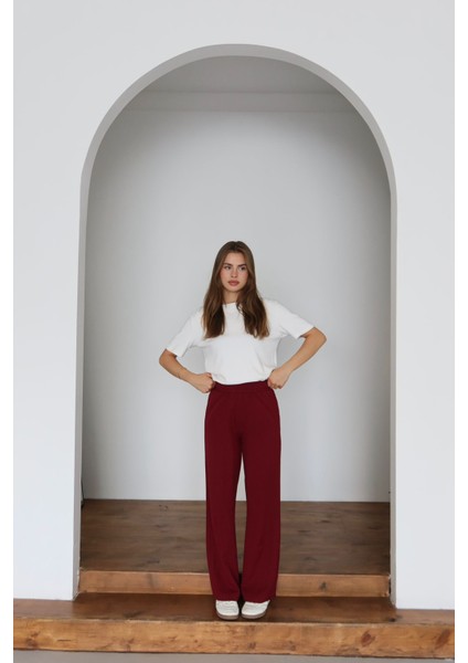 Kadın Dabıl Kumaş Beli Lastikli Yüksek Bel Geniş Kesim Çift Cepli Pantolon indirimleri