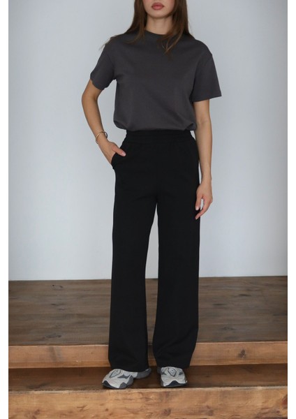 Kadın Dabıl Kumaş Beli Lastikli Yüksek Bel Geniş Kesim Çift Cepli Pantolon