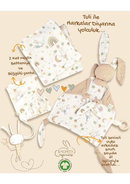%100 Organik Müslin Tuli Bebek Battaniye ve Oyun Arkadaşı Seti – 95X95 cm