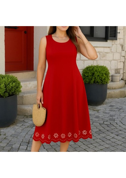 Mdb Kadın Kolsuz Etek Ucu Lazer Kesim Çiçek Desenli Midi Boy Ithal Krep Elbise