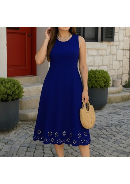 Mdb Kadın Kolsuz Etek Ucu Lazer Kesim Çiçek Desenli Midi Boy Ithal Krep Elbise