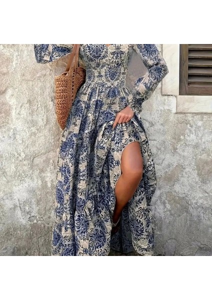 Mdb Kadın Uzun Kollu V Yakalı Desenli Süprem Elbise