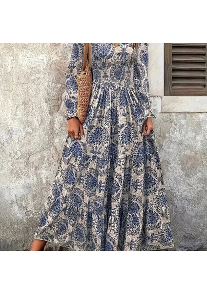 Mdb Kadın Uzun Kollu V Yakalı Desenli Süprem Elbise fiyatları