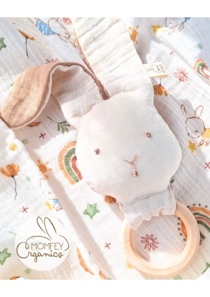 %100 Organik Müslin Tuli Bebek Battaniye, Diş Kaşıyıcı Tavşan Figürü ve Bez Çanta Seti – 95X95 cm modelleri