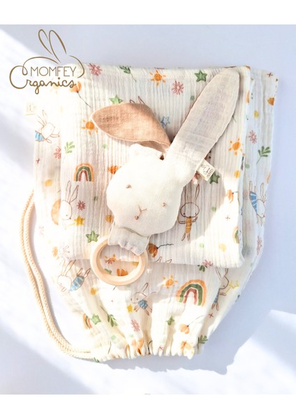 %100 Organik Müslin Tuli Bebek Battaniye, Diş Kaşıyıcı Tavşan Figürü ve Bez Çanta Seti – 95X95 cm indirimleri