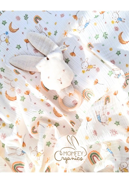 %100 Organik Müslin Tuli Bebek Battaniye, Diş Kaşıyıcı Tavşan Figürü ve Bez Çanta Seti – 95X95 cm