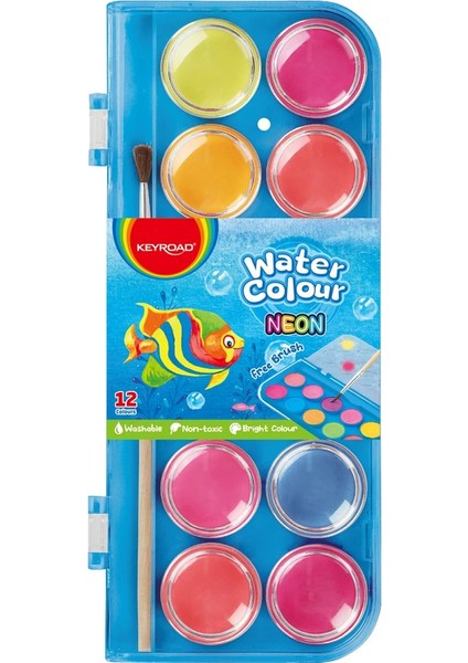 Keyroad Büyük Boy Neon Sulu Boya Seti, 12 Renk, Fırça Dahil
