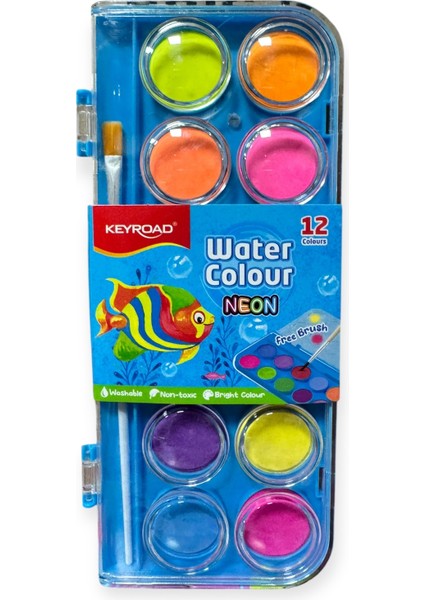Keyroad Büyük Boy Neon Sulu Boya Seti, 12 Renk, Fırça Dahil indirimleri