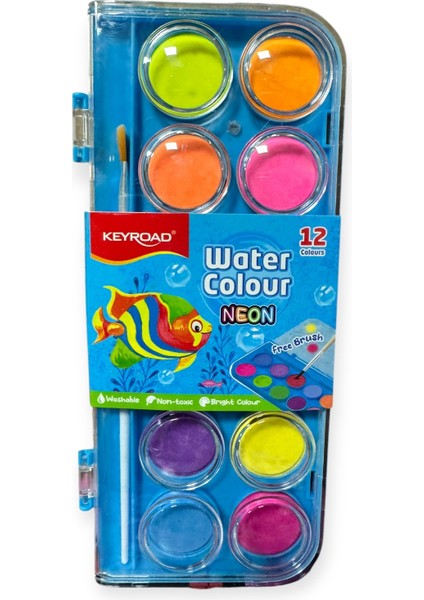 Keyroad Büyük Boy Neon Sulu Boya Seti, 12 Renk, Fırça Dahil