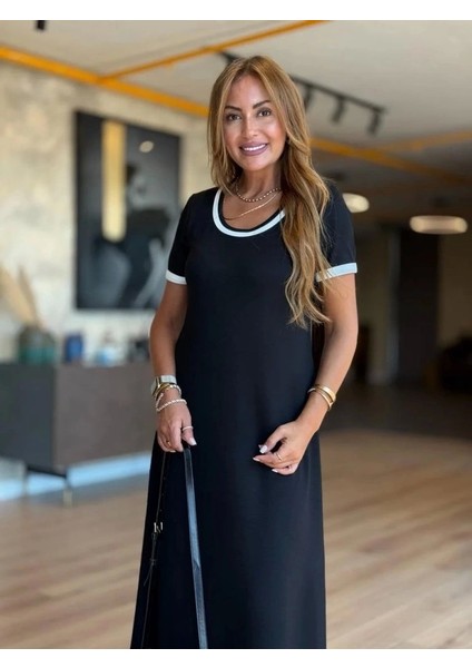 Kadın Kısa Kollu Yuvarlak Yaka Yandan Yırtmaçlı Midi Viskon Elbise modelleri