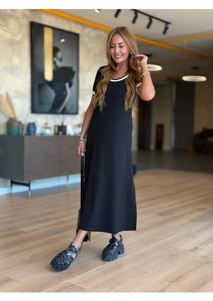 Kadın Kısa Kollu Yuvarlak Yaka Yandan Yırtmaçlı Midi Viskon Elbise