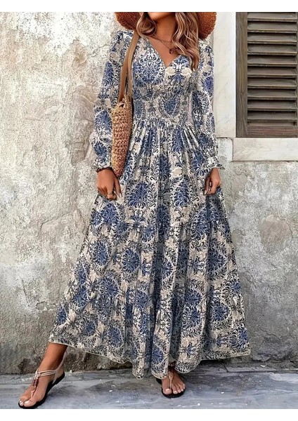 Kadın Uzun Kollu V Yakalı Desenli Süprem Elbise fiyatları