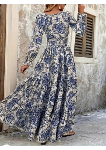 Kadın Uzun Kollu V Yakalı Desenli Süprem Elbise modelleri