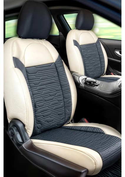 chevrolet Lacetti ile Uyumlu Lüx Deri Süet Oto Koltuk Kılıfı Ön Arka Takım Premium Bej Siyah
