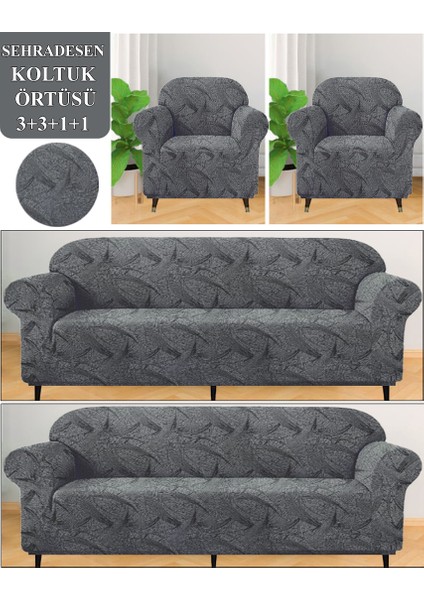 Streç Lastikli Esnek Yıkanabilir Pamuklu Sehra Desen 3+3+1+1 Jakarlı Koltuk Örtüsü Koltuk Kılıfı
