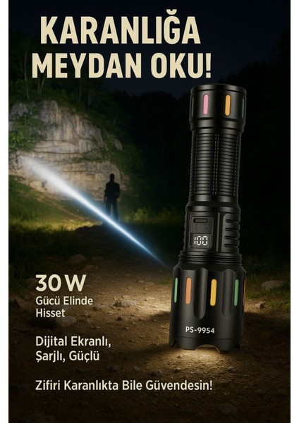 PS-9954 5000 Lümen 30W Zoomlu LED Powerbank Özellikli Şarjlı Profesyonel El Feneri