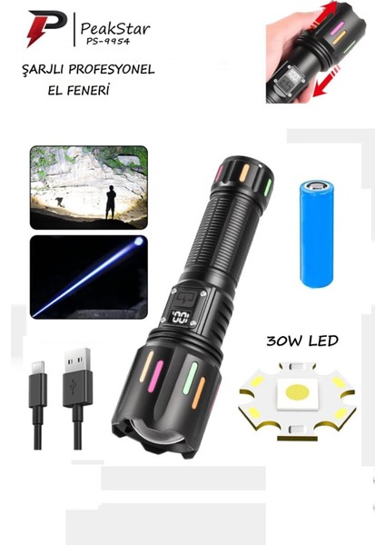 PS-9954 5000 Lümen 30W Zoomlu LED Powerbank Özellikli Şarjlı Profesyonel El Feneri