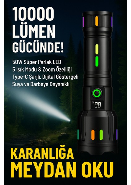PS-9885 Ultra Parlak Su Geçirmez Zoomlu Güçlü 50W 10000 Lümen Şarjlı Bekçi Avcı Kamp El Feneri