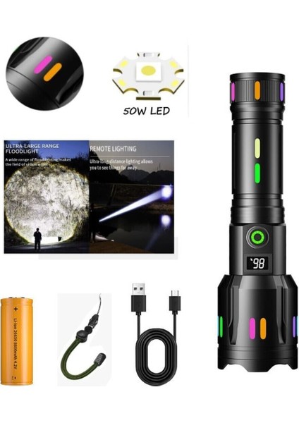 PS-9885 Ultra Parlak Su Geçirmez Zoomlu Güçlü 50W 10000 Lümen Şarjlı Bekçi Avcı Kamp El Feneri modelleri