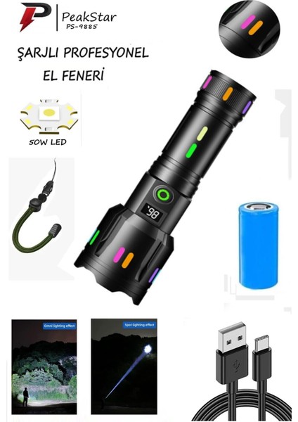 PS-9885 Ultra Parlak Su Geçirmez Zoomlu Güçlü 50W 10000 Lümen Şarjlı Bekçi Avcı Kamp El Feneri indirimleri