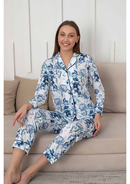 Çiçek Desenli Kadın Pijama Takımı - Boydan Düğmeli Likralı Viskon fiyatları
