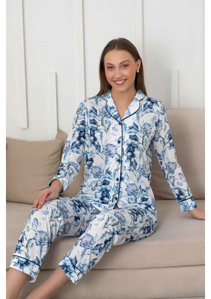 Çiçek Desenli Kadın Pijama Takımı - Boydan Düğmeli Likralı Viskon modelleri