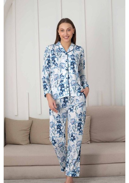 Çiçek Desenli Kadın Pijama Takımı - Boydan Düğmeli Likralı Viskon fırsatları